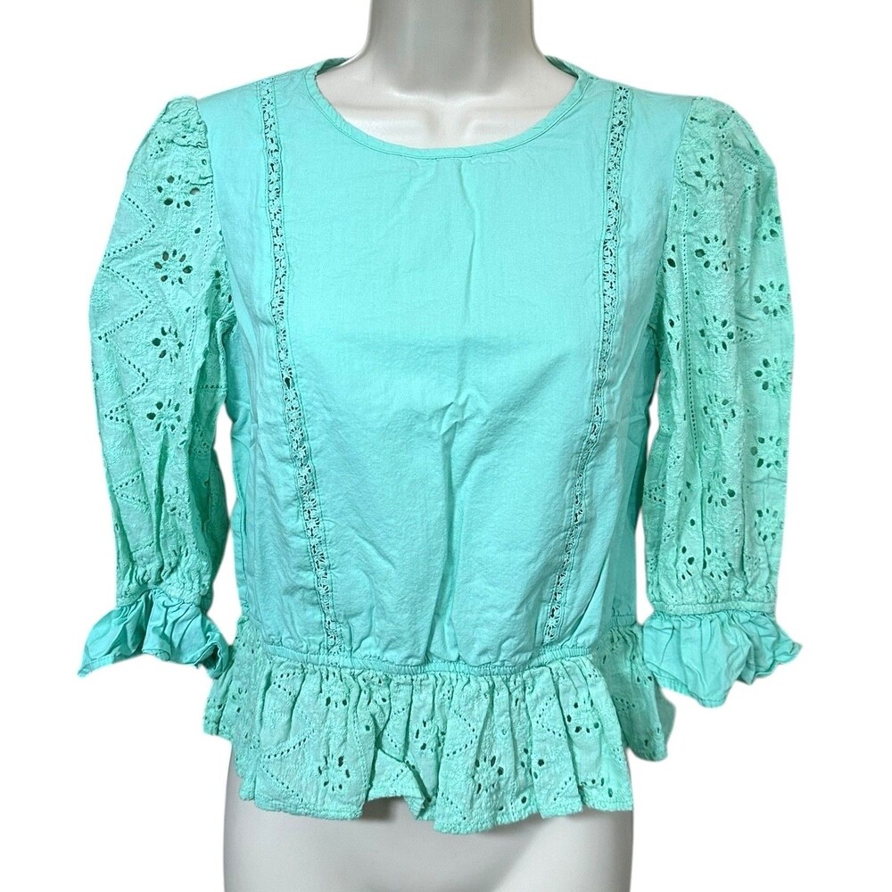 Shein Women's Lace & Ruffle Cropped Blouse w/ Back Zipper 100% Cotton Sz 4 Green